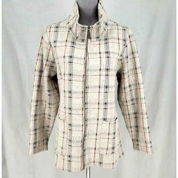 Habitat Jackets & Blazers - Habitat Jacket Womens XL Ivory Gray Plaid Stretch Knit Zip Mock Neck Pockets